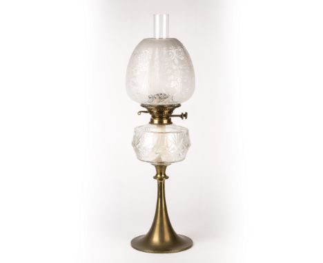 Late 19th Century  oil lamp, etched aesthetic shade, with cut glass reservoir on brass stand, 65cm high overall 
