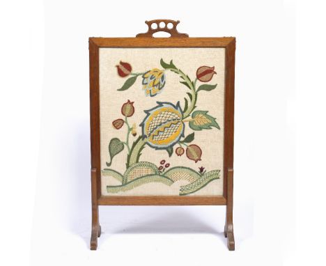 Arts and Crafts  oak framed firescreen with crewel work tapestry panel, 56cm x 89cm x 22cm 