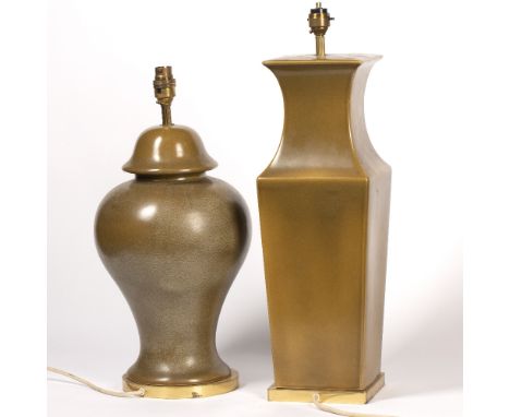 Contemporary  two ceramic table lamps in the Chinese taste on brass bases, square example 52cm high, baluster example 43cm hi