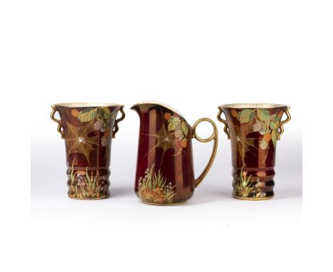 Carltonware Rouge Royale Two 'Spiderweb' vases and a jug in the same pattern, printed script marks to the base, tallest measu