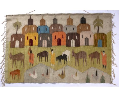 20th Century North African Tapestry wall hanging, depicting a village and livestock, unsigned, worked in coloured threads, 96