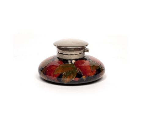 Moorcroft  'Pomegranate' ceramic inkwell, with impressed marks 'Moorcroft, Burslem' to the base, pewter lid stamped 'English 