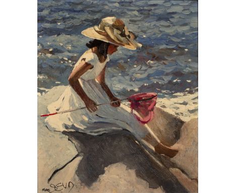 Sherree Valentine Daines (b.1959) 'Sitting on the rocks' limited edition canvas print, numbered 55/195, signed lower left, 31