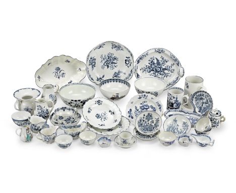 A large group of 18th/19th century English blue and white porcelainMainly Worcester and Caughley, including a Caughley spitto