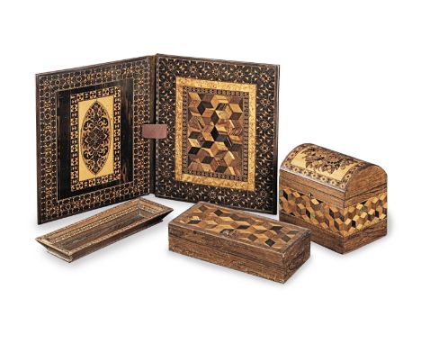 Four pieces of late Victorian Tunbridge-wareTo include a domed tea caddy, a notebook cover, a lidded box, and a pen tray,  (4