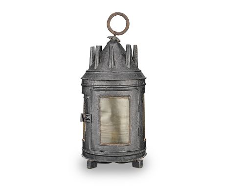 A sheet iron and horn hanging lanternThe cover with eight conical chimneys, the body lined with four panes of horn, one linin
