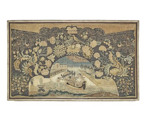 A large mid-18th century needlework, circa 1740Possibly designed as a sofa back, worked in coloured silk and silver-gilt thre