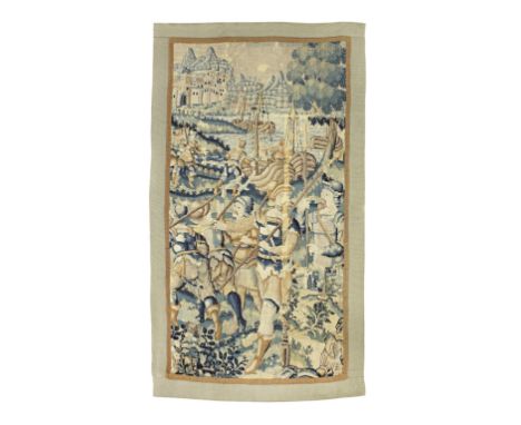 A late 17th century and later verdure tapestry, FlemishWorked in wools, with soldiers brandishing halberds, next to a river a