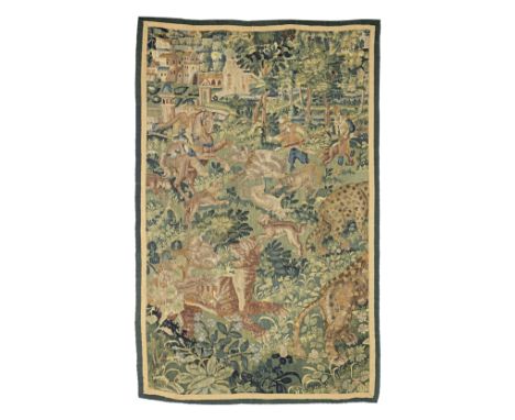 A 16th century 'Game Park' tapestry section, FlemishWorked in wools, mainly in greens and browns, designed with huntsmen and 