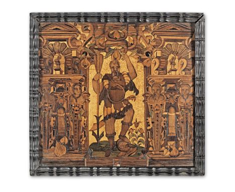 A late 16th/early 17th century marquetry scene, AugsburgOf various fruitwoods and stained woods, and showing a figure with a 