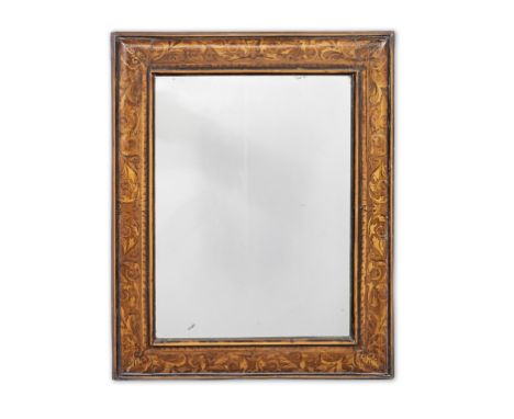 A 19th century walnut and marquetry mirror, in the late 17th Dutch mannerThe cushion-moulded frame extensively inlaid with sc