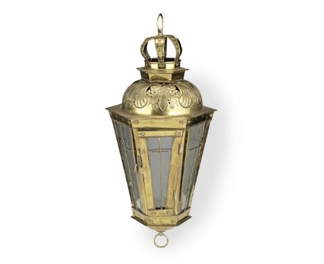 A brass and glass hexagonal hanging lantern, DutchOf sheet and cast brass, topped by an open corona and with a dome pierced w