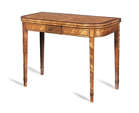 A George III satinwood and possibly 'partridge-wood' crossbanded card table, circa 1780The D-shaped fold-over top enclosing a