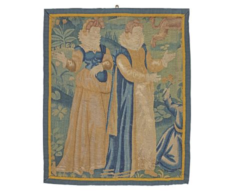 A section of early 17th century tapestry, FlemishWorked in wool, mainly in shades of blue, green and ochre, designed with two