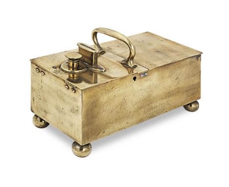 An early to mid-19th century brass 'honesty' tobacco box, marked 'Rich's Patent', probably made in Bridgwater, SomersetOf typ