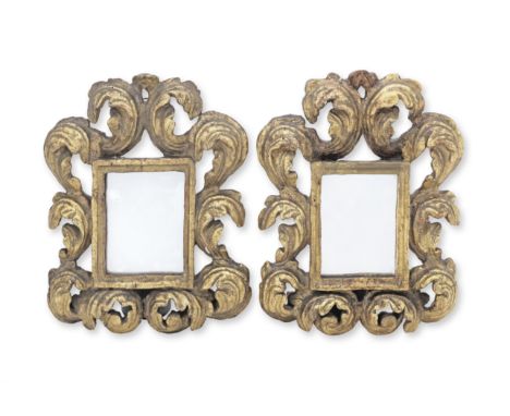 A small pair of late 17th century carved giltwood frames, FlorentineEach with a later mirror plate and backboard in a moulded