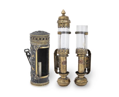 A pair of late 19th/early 20th century brass and glass candle lamps, marked 'GNR' for the Great Northern RailwayWith glass ch
