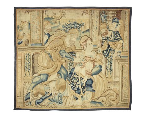 A 17th century Biblical tapestry section, FlemishWorked in wool, depicting an Old Testament scene of the Israelite Samson and