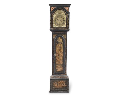 A George II black Japanned longcase clock, circa 1740Thomas Moore, Ipswich (d.1762)The flat-topped hood with an arched door a
