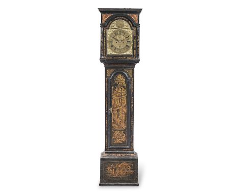 A George II black Japanned longcase clock, circa 1740Thomas Moore, Ipswich (d.1762)The flat-topped hood with an arched door a