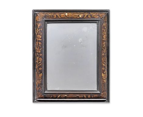 A late 17th century style Dutch walnut and marquetry cushion framed wall mirrorThe rectangular plate within an ebonised slip,