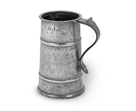 A fine William &amp; Mary pewter two-banded tavern pot, circa 169020 fl.oz. capacity, having a tapering body with triangular 