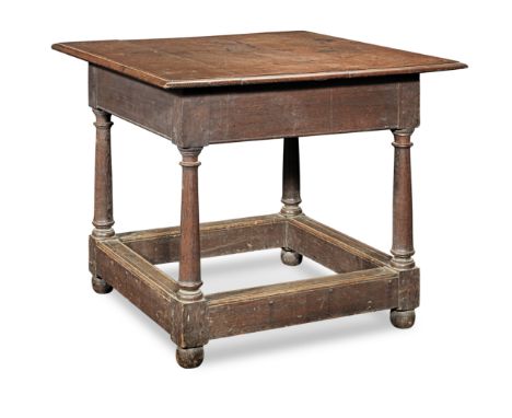 A joined oak centre table, English, circa 1680-1750The near-square top formed from three ovolo-moulded boards, plain frieze r