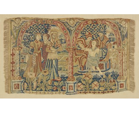 A rare Elizabeth I tapestry long cushion cover, circa 1580Woven in coloured wools and silks, depicting the Return of the Prod