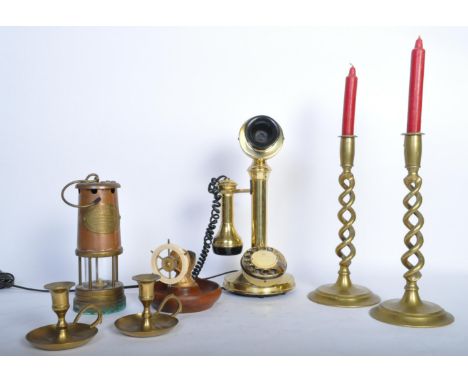 A vintage mid 20th century circa. 1940's Astral pillar candlestick telephone. Together with a vintage 20th century brass and 