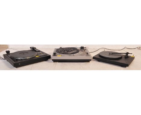Three vintage 20th Century hifi audio turntable / record players. The lot to include Dual 505-2 belt drive, KAM DDX 680 direc