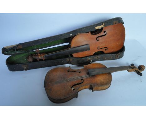 A pair of vintage 20th century violins, each with an inlaid purfling edge. Accompanied by a hard travel carry case, Measures 