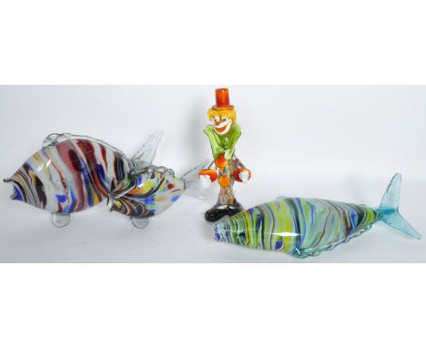 A assortment of vintage retro mid 20th century glass to include a Murano art glass clown figurine and two Romanian hand blown