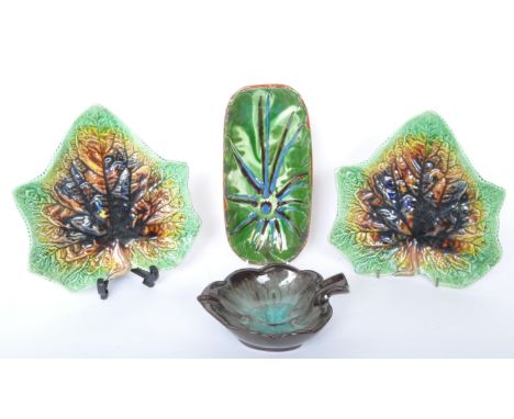 A collection of retro vintage mid 20th Century leaf plates and serving dish. The hand painted leaves having typical leaf form