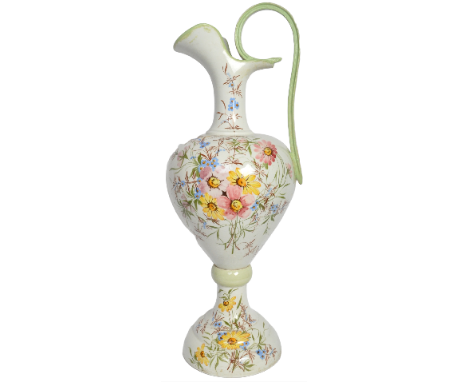 A large vintage 20th century ceramic jug / vase having a beak spout with large handle, painted floral polychrome decoration r