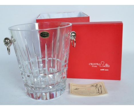 A vintage 20th century Taille Main glass ice champagne bucket having cut glass detail to body and chrome metal ring handles t