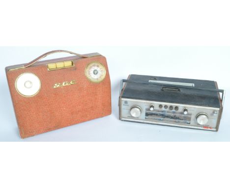 Two vintage retro mid 20th century radios to include a Roberts R606-MB portable radio together with a G.E.G radio in red leat