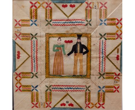 Valentine. A late-Georgian manuscript "puzzle purse", c. 1810, depicting a fashionable young woman holding the hand of a man 