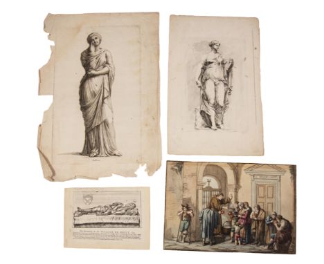 A collection of antique prints to include six [of seven] engravings from the Acts of Mercy series, engraved by Louis Audran a
