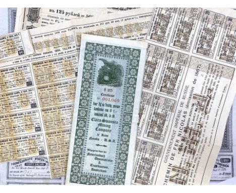 A small collection of share certificates &amp; bonds to include The Confederate States of America Loan, the Clara-Swansea Min