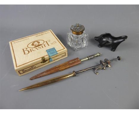 A Vintage Gentleman's Lot, including a black metal cigar/pipe holder and sealed box of 50 Braniff No 3 'Mexico Chicos' cigars