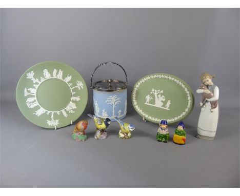 Miscellaneous Porcelain, including three Royal Worcester bird figurines 'Great Tit', 'Blue Tit' and 'Robin', a Wedgwood biscu