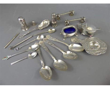 Miscellaneous Silver and Silver Plate including a silver mustard and pepper, a&nbsp;silver plated tea-strainer, four silver p