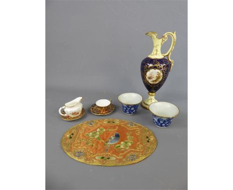 Royal Crown Derby Miniature Teacup, Saucer and Cake Plate, together with a Crown Derby 'Posy' milk jug, a Coleport urn, hand-