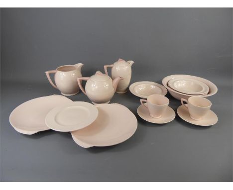 An Art Deco Wedgwood 'Blush Rose' Breakfast Set, comprising tea pot, coffee pot, six cups and saucers, milk jug, two serving 