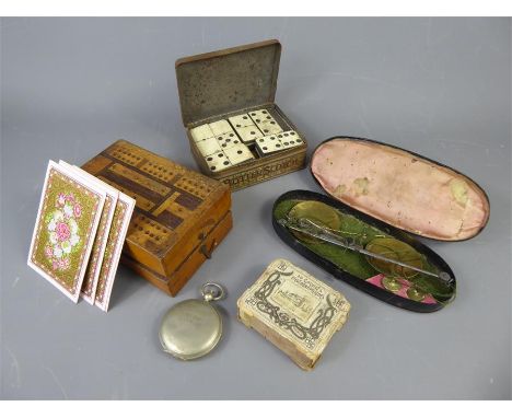 Miscellaneous Games and Other Items, including an inlaid wooden cribbage board in the form of a box with playing cards inside