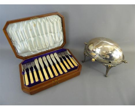 A Silver Plate Bain Marie and part bone-handled fish knife and fork set in original presentation box together with a set of s