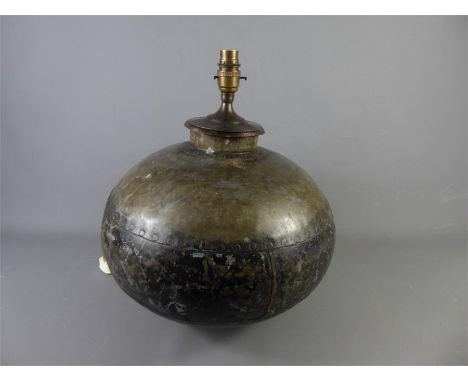 A Vintage Indian Hand-Beaten Metal Water Carrier, transformed into a table lamp base (no shade), approx 30 x 28 cms high.