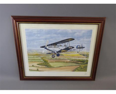 A Limited Edition Print of a 1934 RAF Hawker Hind Biplane, No 9/500 and signed bottom right M Nutting, approx 44 x 33 cms (io