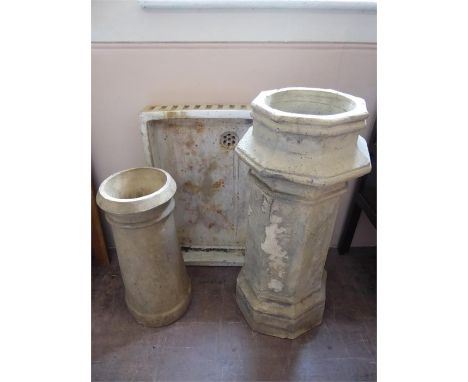 Two Pottery Chimney Pots, the first being approx 64 x 29 cms, the second being approx 92 x 40 cms, together with a ceramic wa