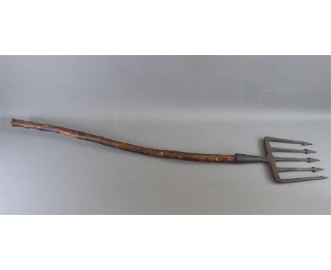 A 19th Century Hand-Forged Wrought Iron Eel/Lamprey Spear with original wooden shaft and five-barbed prongs, the fork being a